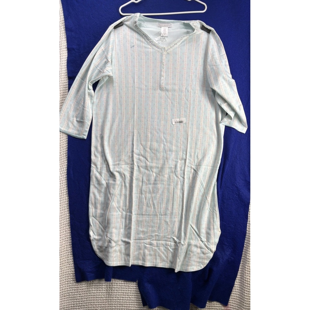 Earth Angels Women Mint Floral Stripe Nightshirt 1X Lace Trim Sleepwear 115-0365
